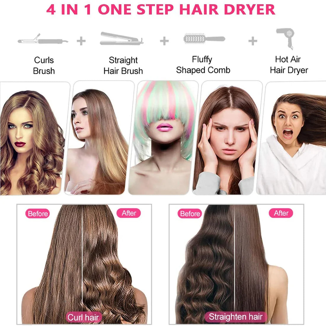 5en1Brosse à cheveux مجفف شعر مع مشط