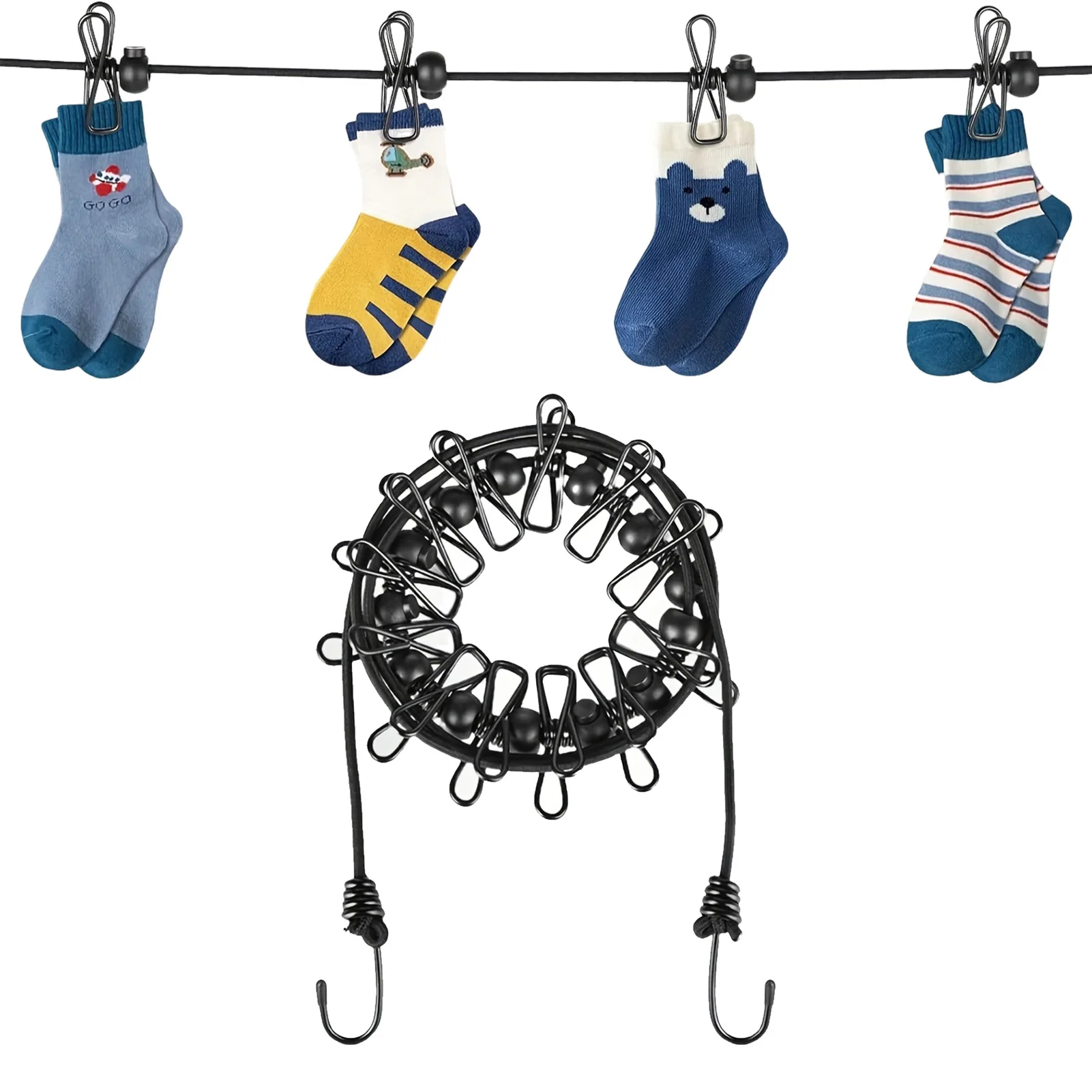 حبل غسيل مرن محمول بمشابك - Corde à linge élastique portable avec pinces